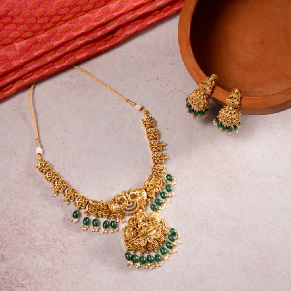 Antique Lakshmi Temple Necklace Set with Green Beads and Jhumkas