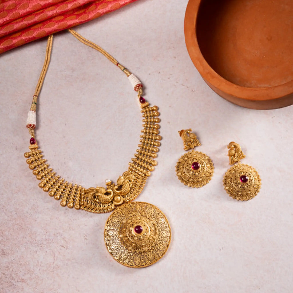 Antique Peacock Coin Necklace Set with Round Textured Pendant
