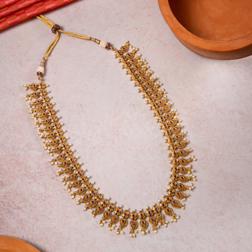 Antique Lakshmi Mango Mala Necklace with Pearl Danglings