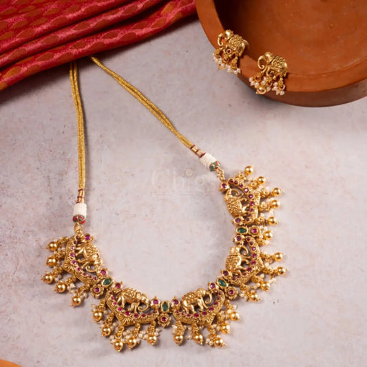 Antique Elephant Motif Temple Necklace Set with Ruby & Emerald Kemp Stones