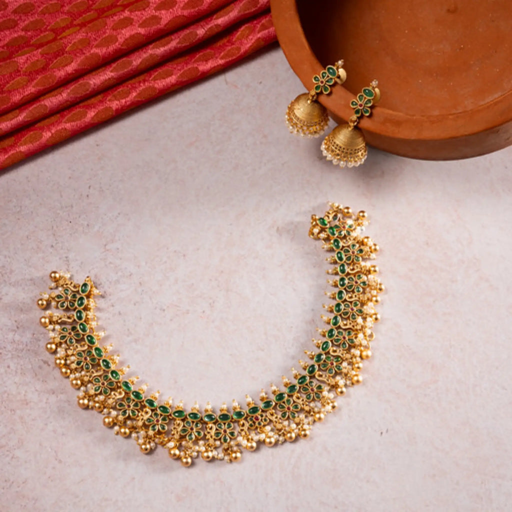 Antique Green Kemp Stone Choker Necklace Set with Jhumkas