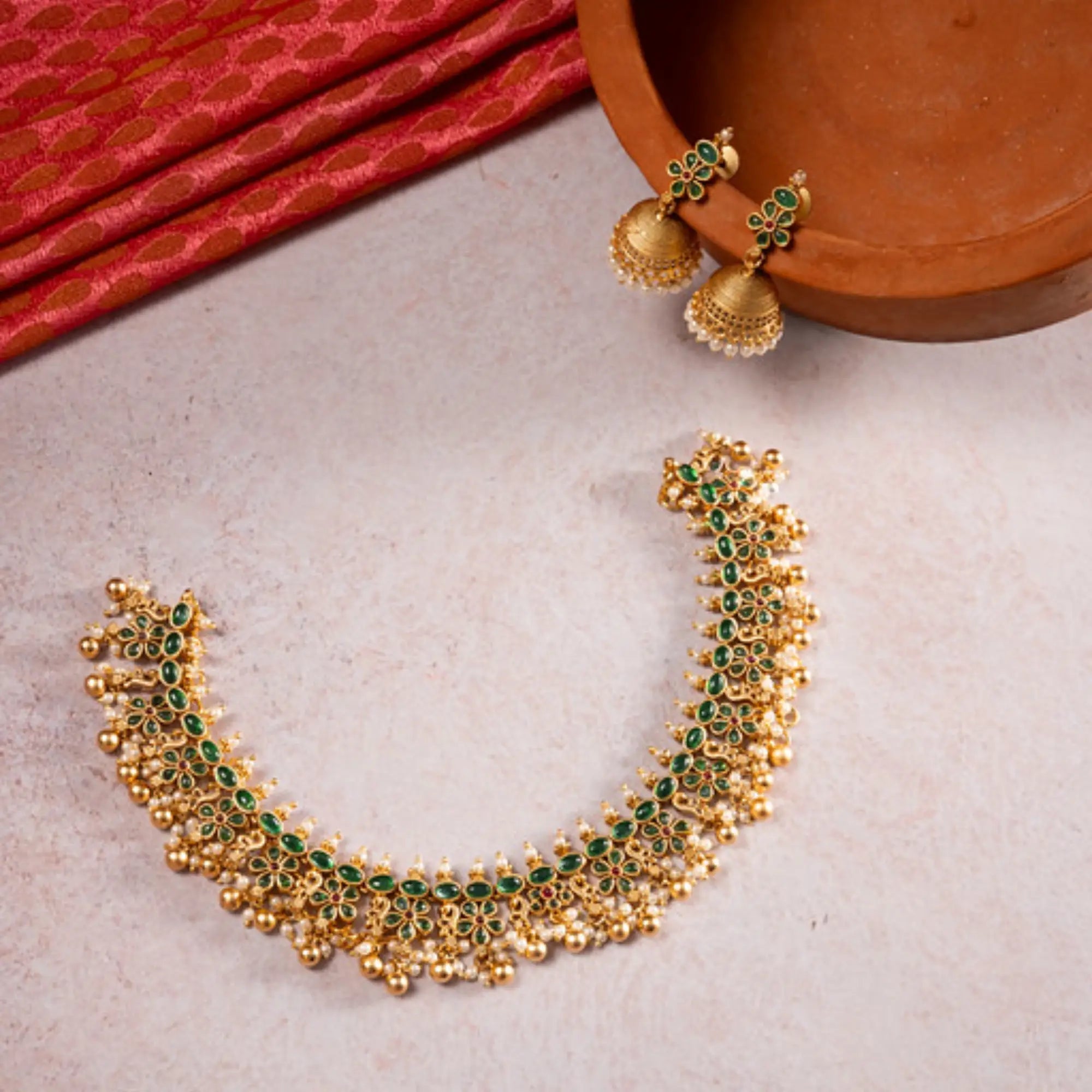 Antique Green Kemp Stone Choker Necklace Set with Jhumkas