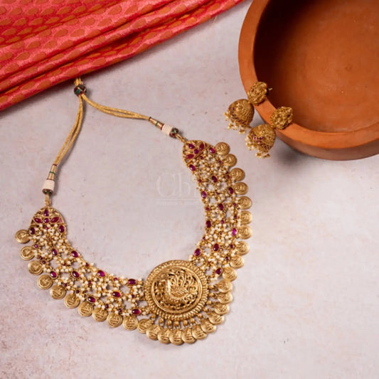 Antique Lakshmi Coin Choker Necklace Set with Ruby Stones & Peacock Pendant