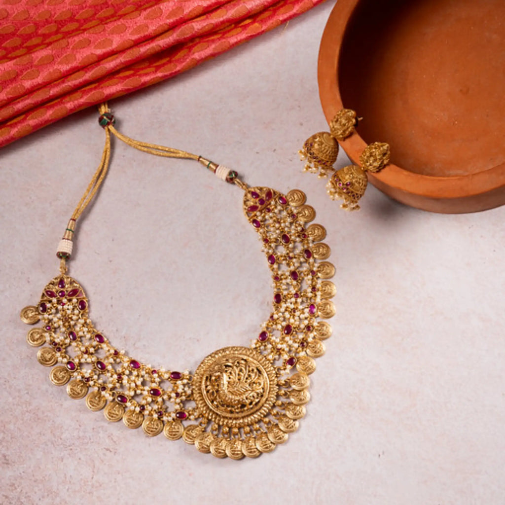 Antique Lakshmi Coin Choker Necklace Set with Ruby Stones & Peacock Pendant