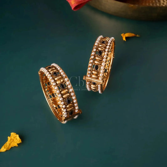 Antique Black Stone & Pearl Embellished Bangles – Size 2.4 (Pair)