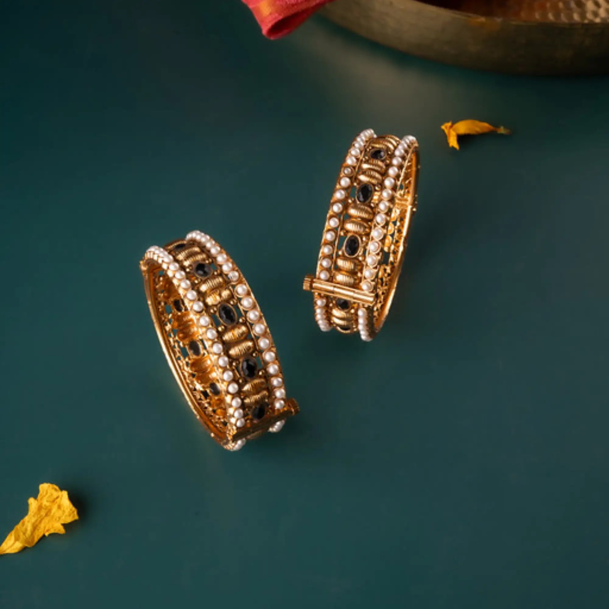 Antique Black Stone & Pearl Embellished Bangles – Size 2.4 (Pair)