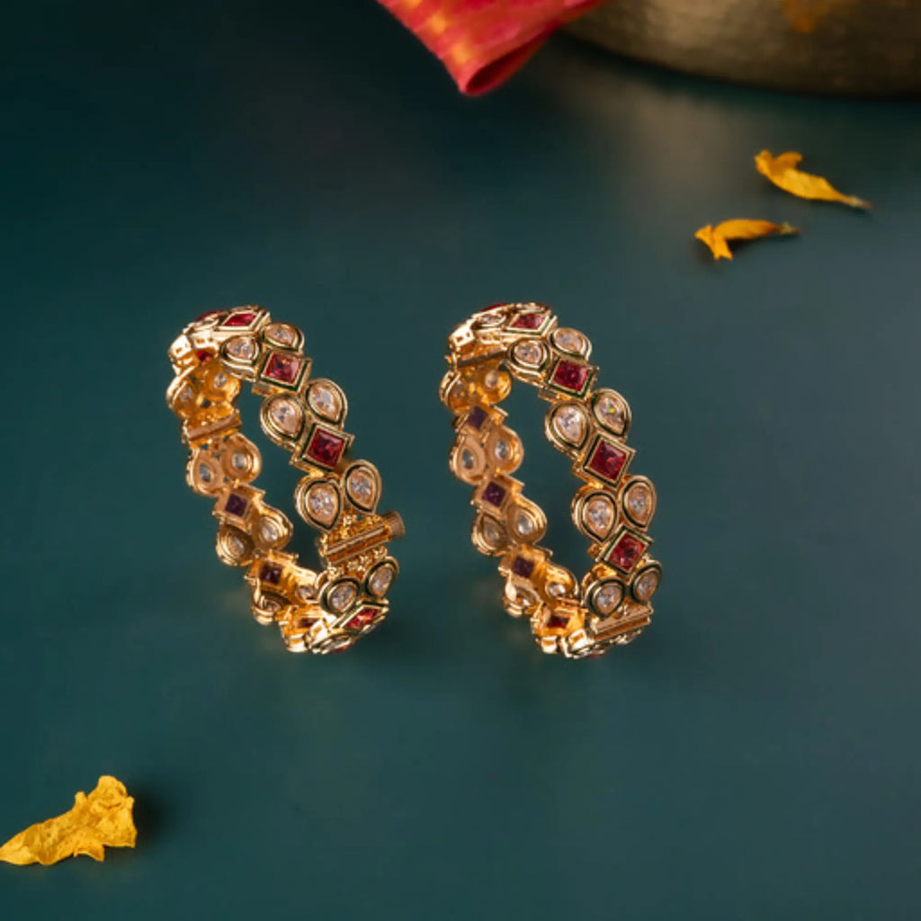 Antique Kundan Stone Bangles with Ruby & CZ Accents – Size 2.6 (Pair)
