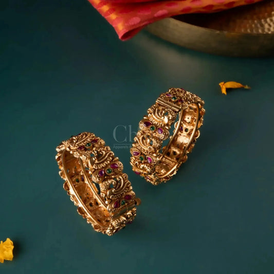 Antique Peacock Design Temple Bangles with Kemp Stones – Size 2.4 (Pair)