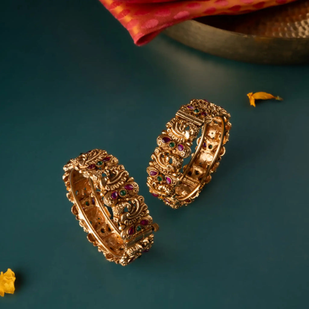 Antique Peacock Design Temple Bangles with Kemp Stones – Size 2.4 (Pair)