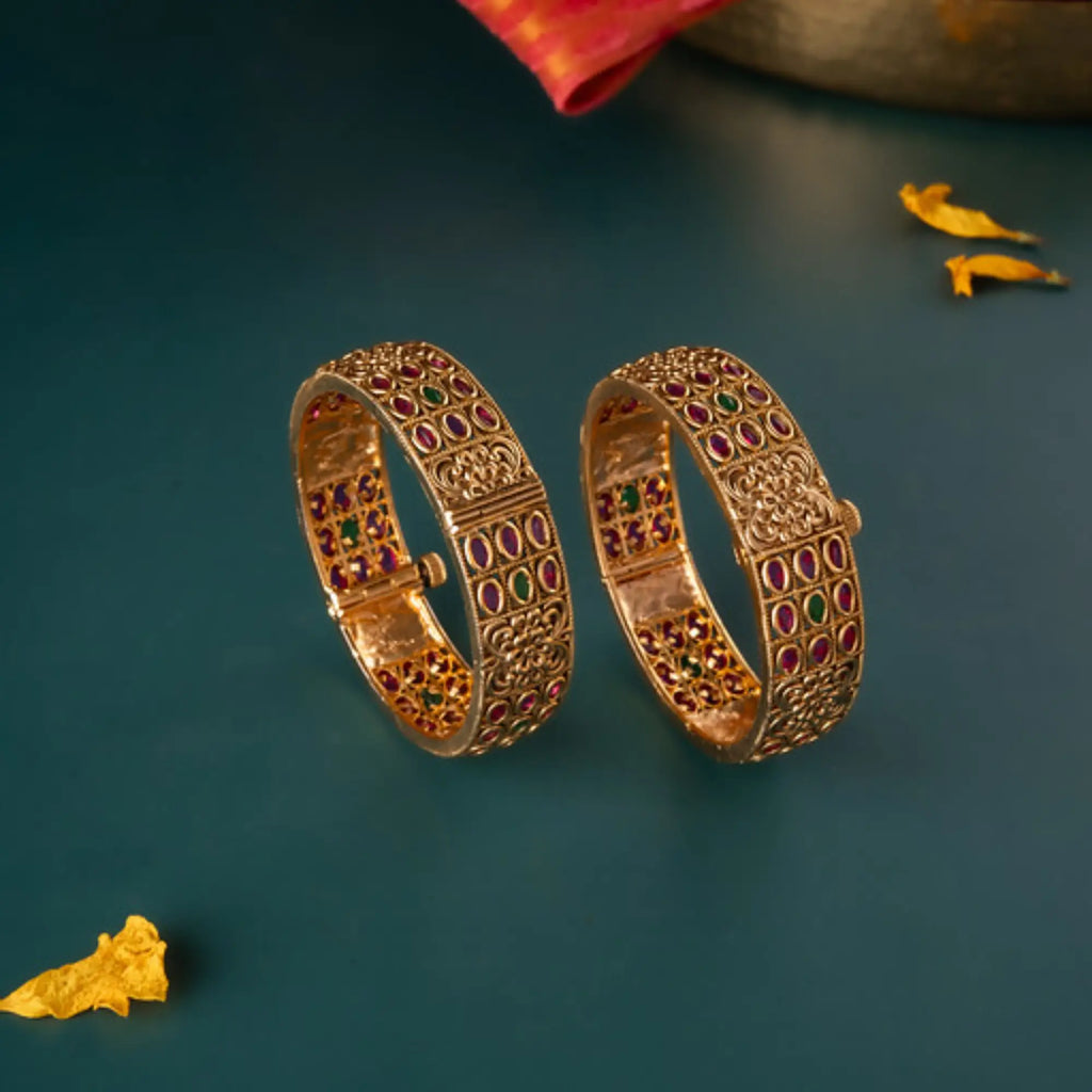 Antique Enamel Kemp Bangles with Floral Filigree – Size 2.6 (Pair)