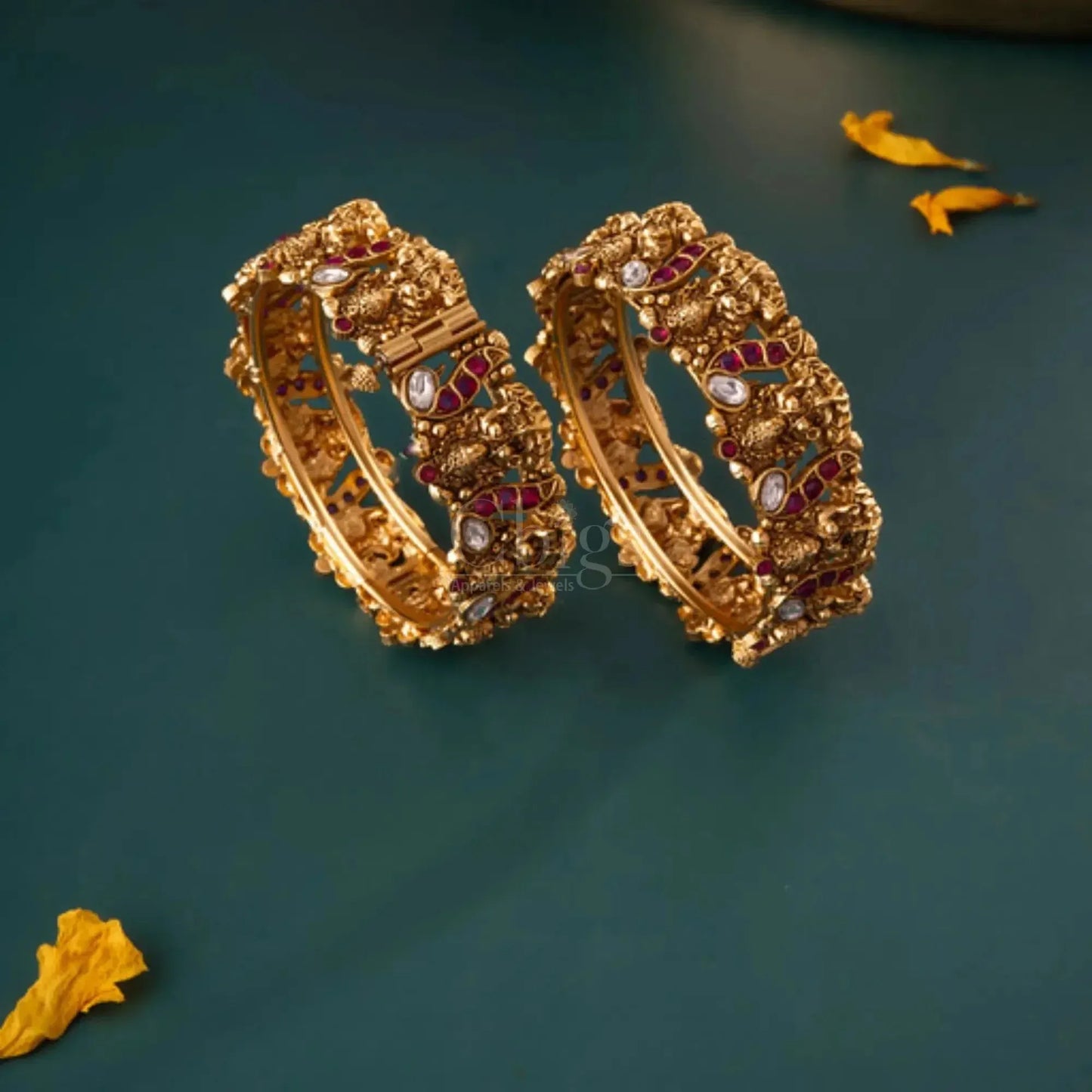 Antique Nakshi Peacock Bangles with Kundan and Ruby Detailing – Size 2.6 (Pair)