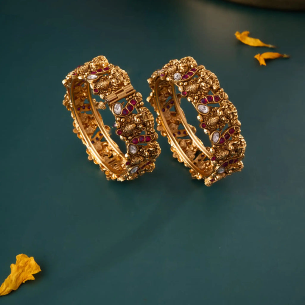 Antique Nakshi Peacock Bangles with Kundan and Ruby Detailing – Size 2.6 (Pair)