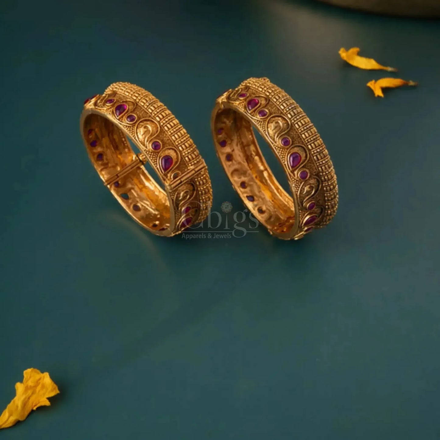 Antique Temple Coin Bangles with Ruby Drop Stones – Size 2.4 (Pair)