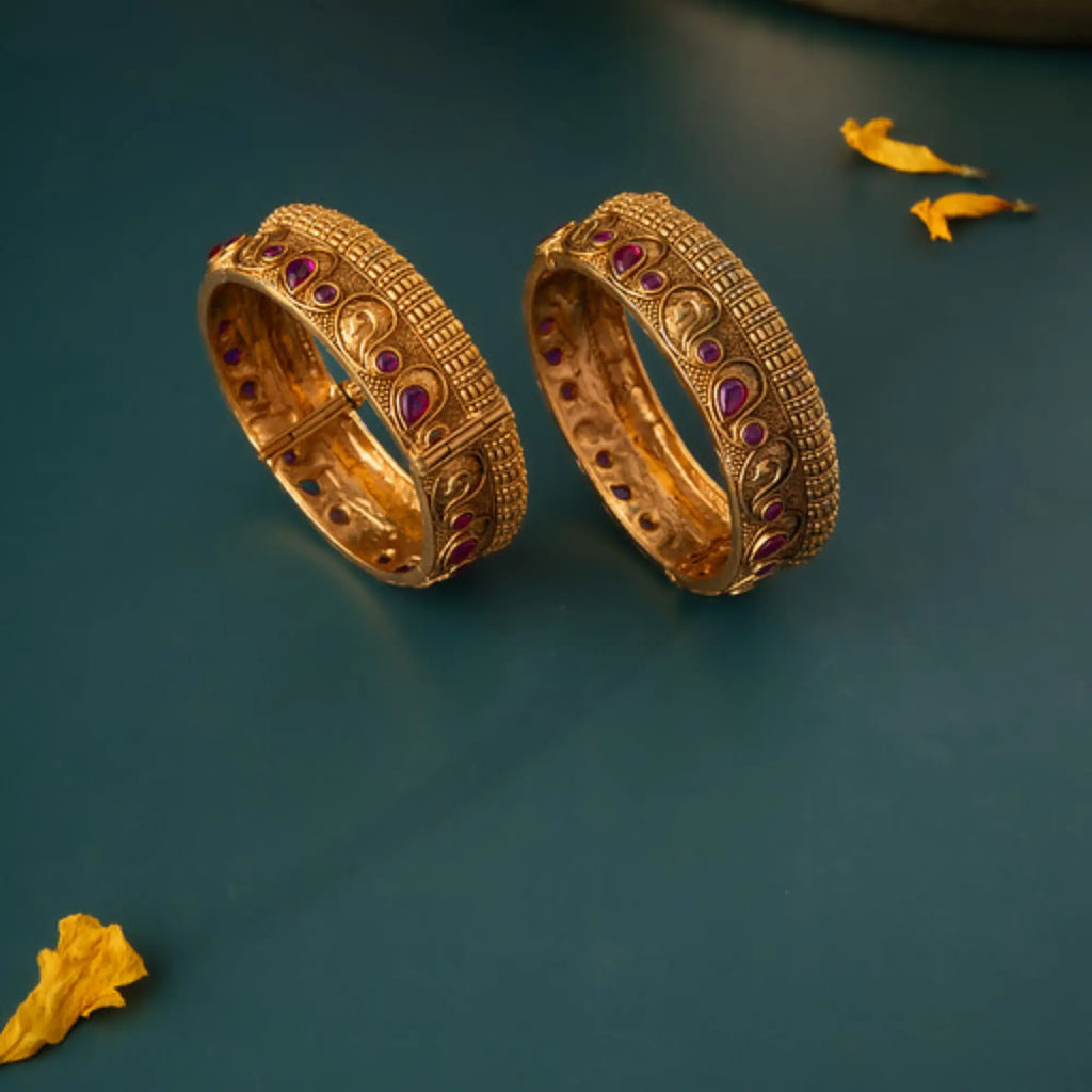 Antique Temple Coin Bangles with Ruby Drop Stones – Size 2.4 (Pair)