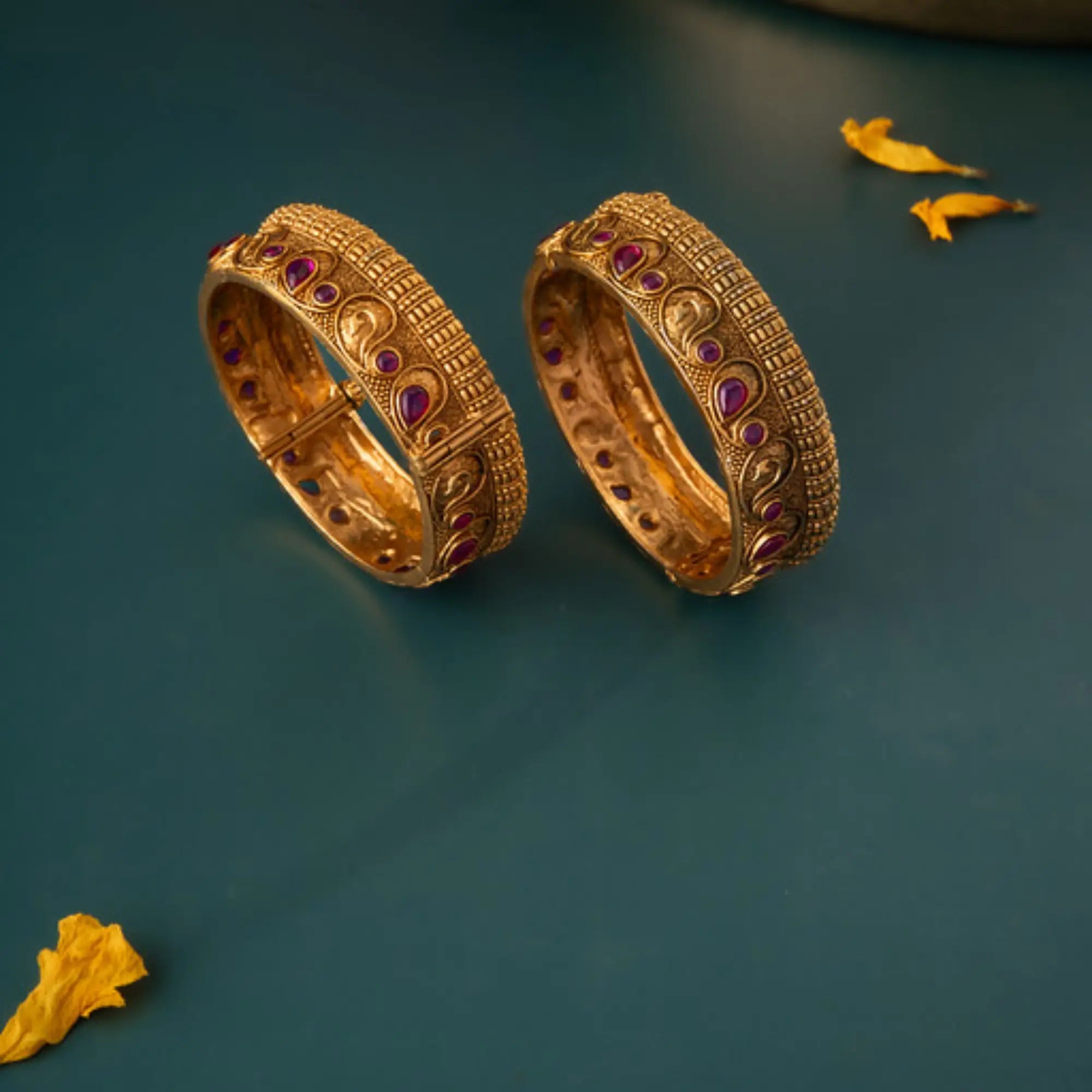 Antique Temple Coin Bangles with Ruby Drop Stones – Size 2.4 (Pair)