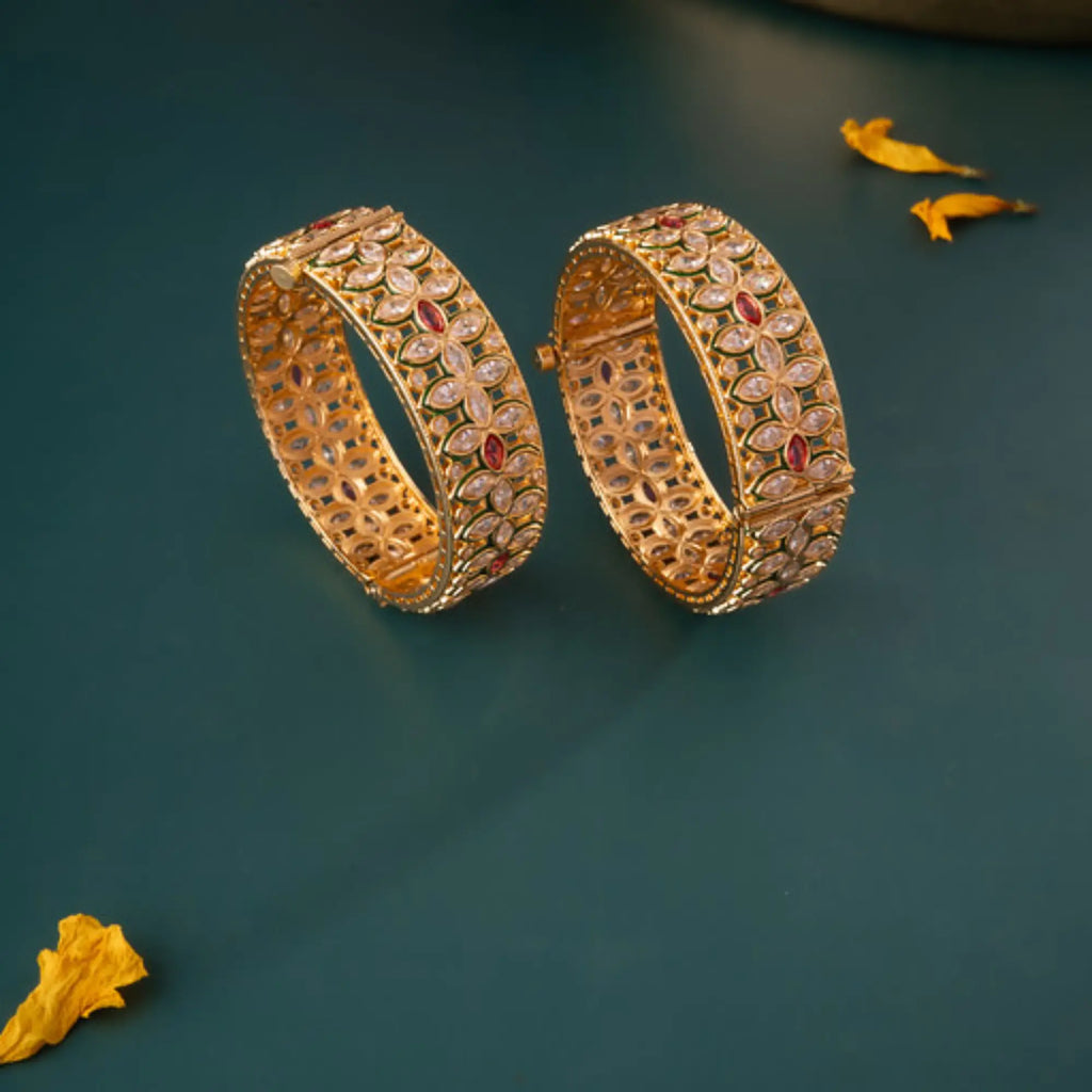 Floral CZ Kundan Bangles with Ruby Center Stones – Size 2.4 (Pair)