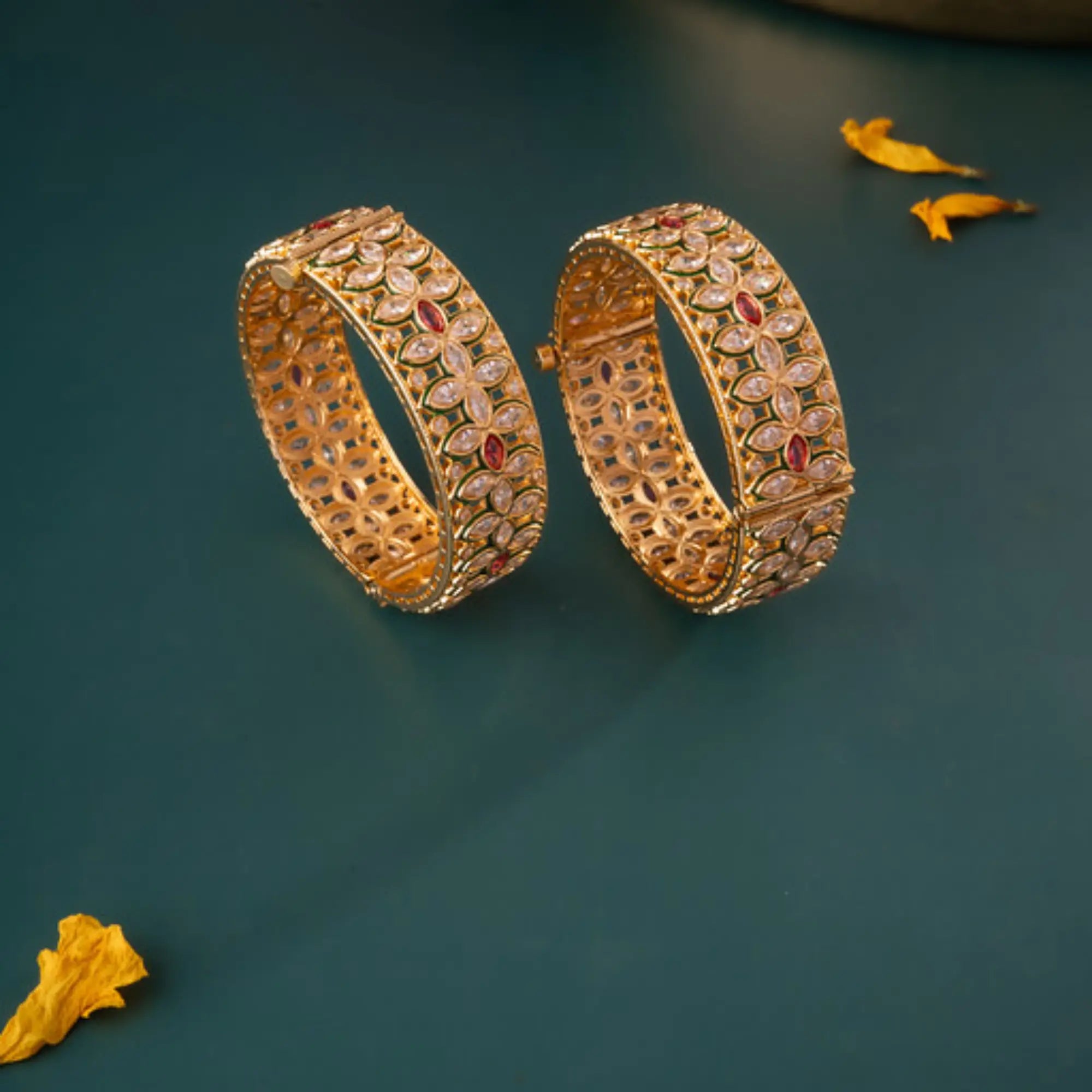 Floral CZ Kundan Bangles with Ruby Center Stones – Size 2.4 (Pair)