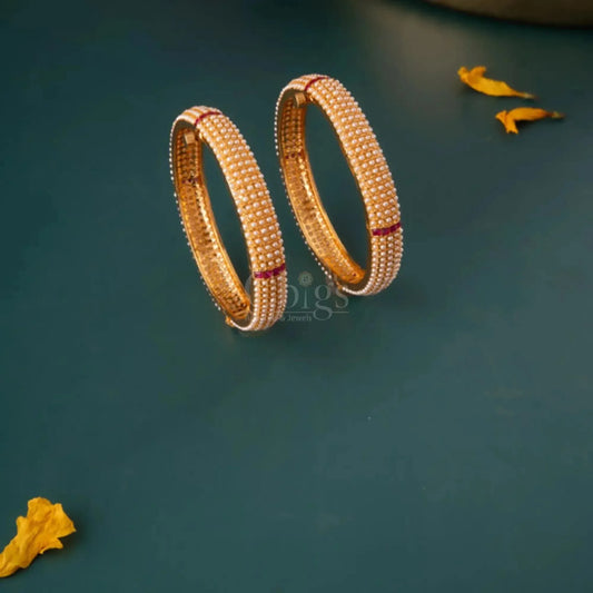 Classic Pearl-Covered Bangles with Ruby Line Detailing – Size 2.6 (Pair)