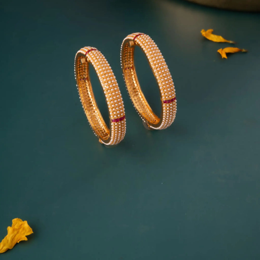 Classic Pearl-Covered Bangles with Ruby Line Detailing – Size 2.6 (Pair)