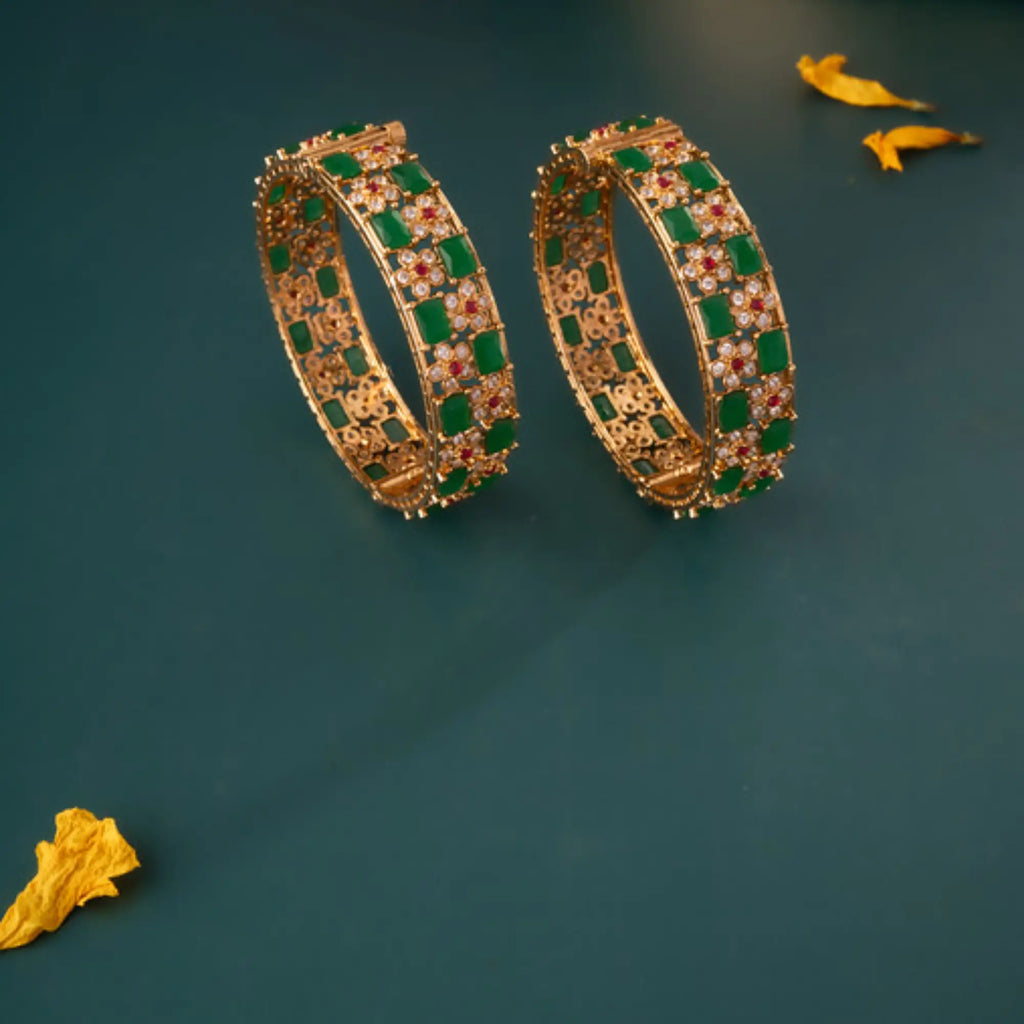 Antique Emerald Square Bangles with Floral CZ Work – Size 2.6 (Pair)