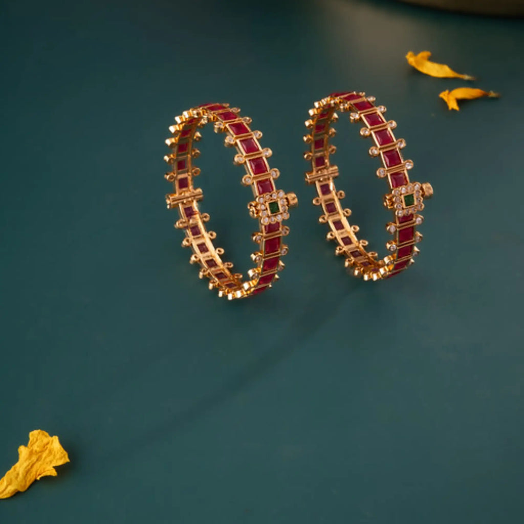 Antique Ruby Square Stone Bangles with Floral Centerpiece – Size 2.6 (Pair)