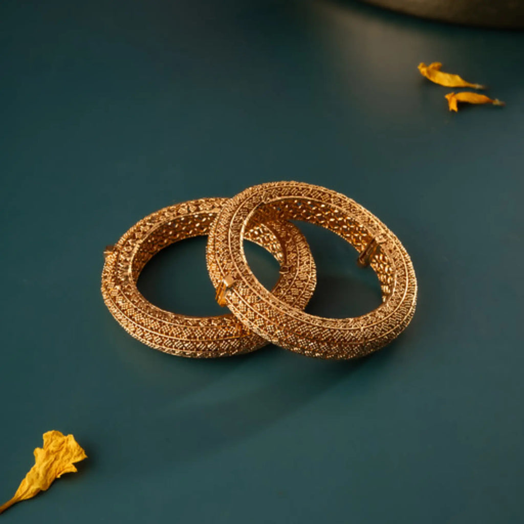 Antique Gold Textured Kada Bangles – Size 2.2 (Pair)