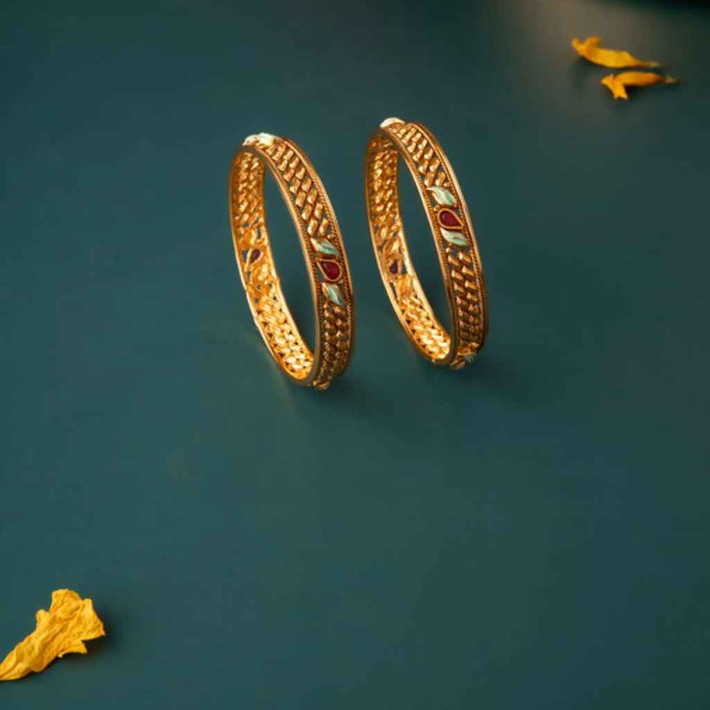 Antique Gold Leaf Motif Bangles with Meenakari Accents – Size 2.5 (Pair)