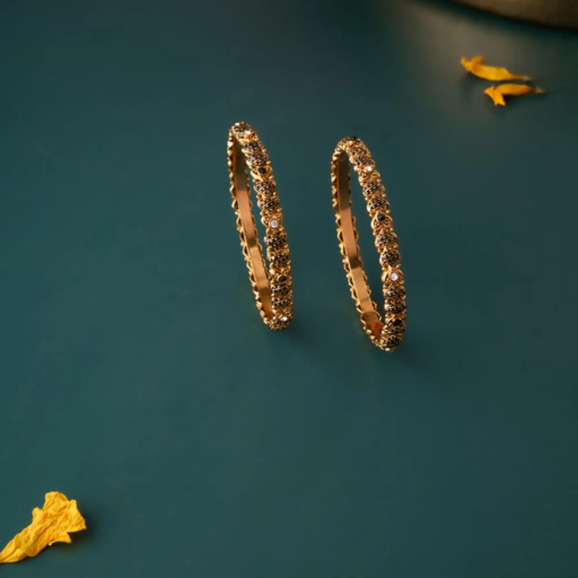 Classic Stone-Studded Antique Gold Bangles – Size 2.6 (Pair)