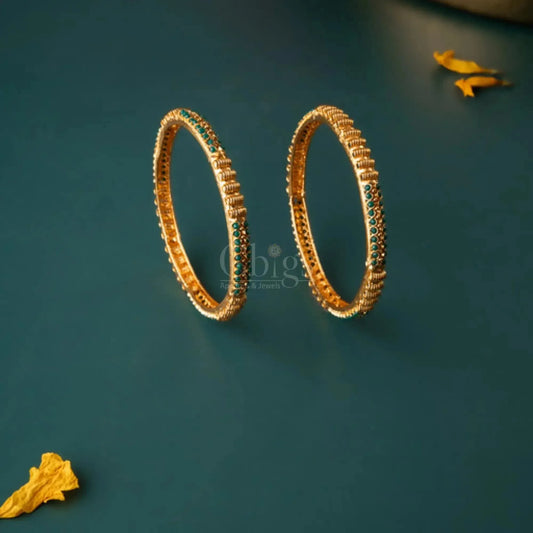 Emerald Green Crystal-Studded Gold Bangles – Size 2.8 (Pair)