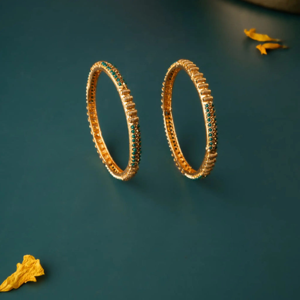 Emerald Green Crystal-Studded Gold Bangles – Size 2.8 (Pair)