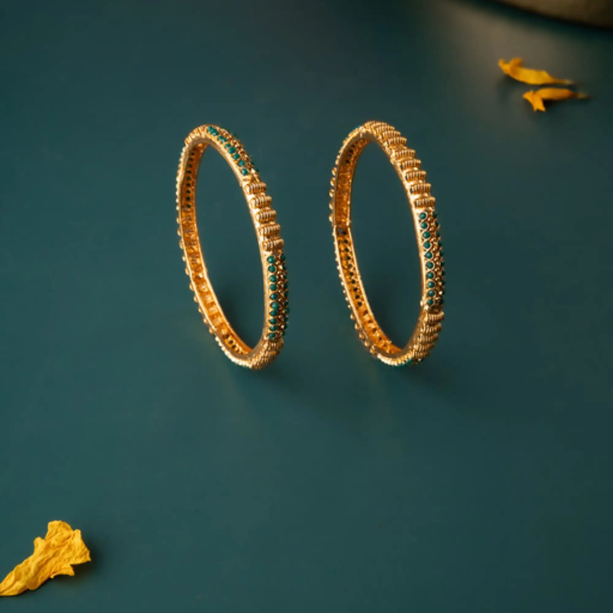 Emerald Green Crystal-Studded Gold Bangles – Size 2.8 (Pair)
