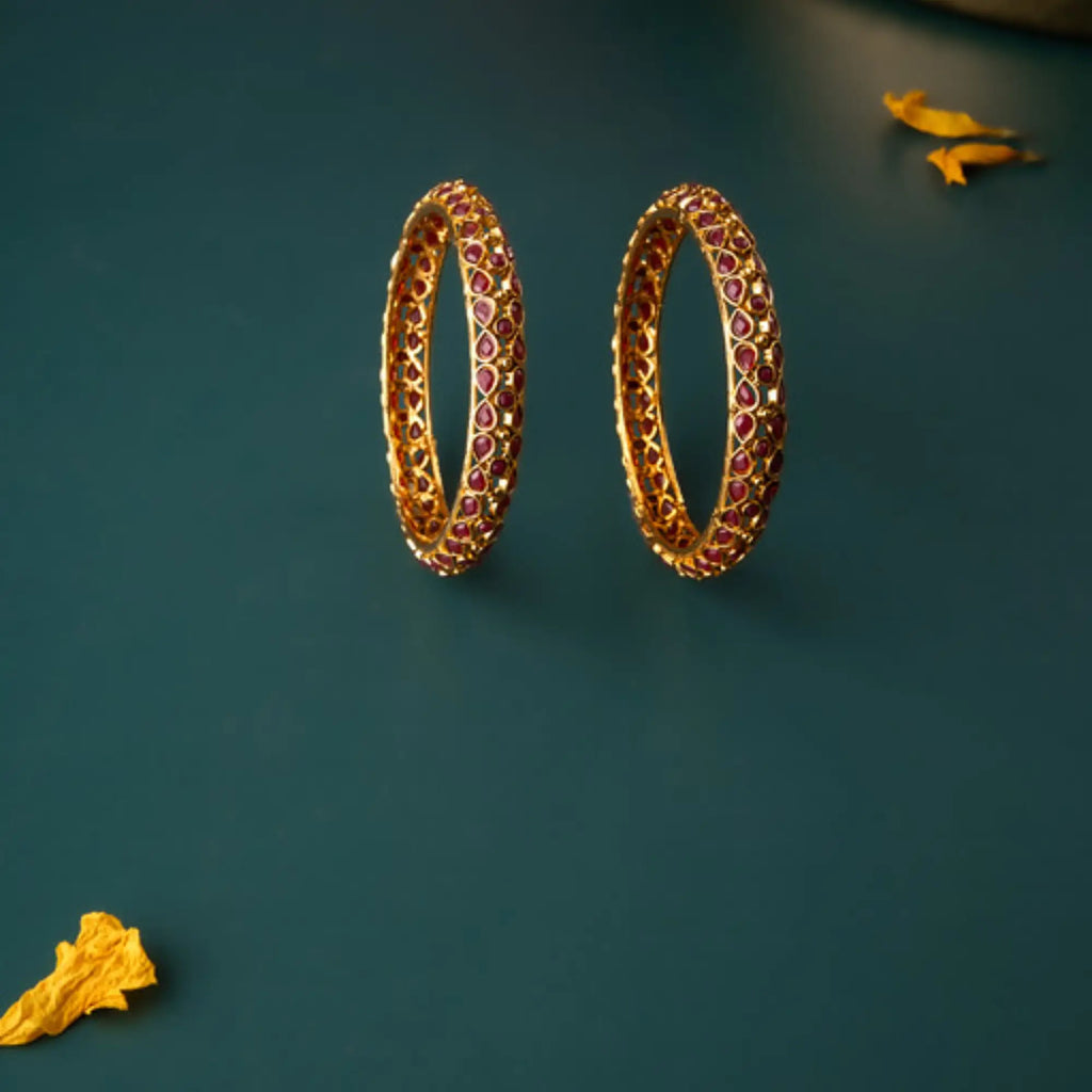 Antique Ruby-Embedded Mesh Gold Bangles – Size 2.4 (Pair)