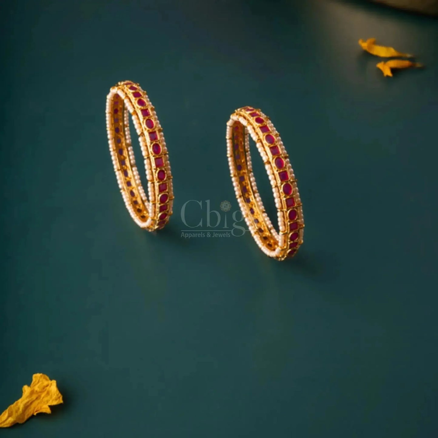 Royal Ruby-Crystal Dual Line Antique Bangles – Size 2.4 (Pair)