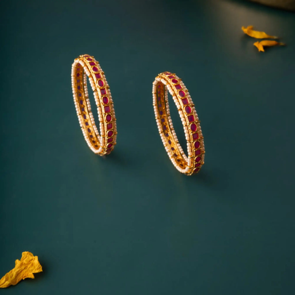Royal Ruby-Crystal Dual Line Antique Bangles – Size 2.4 (Pair)