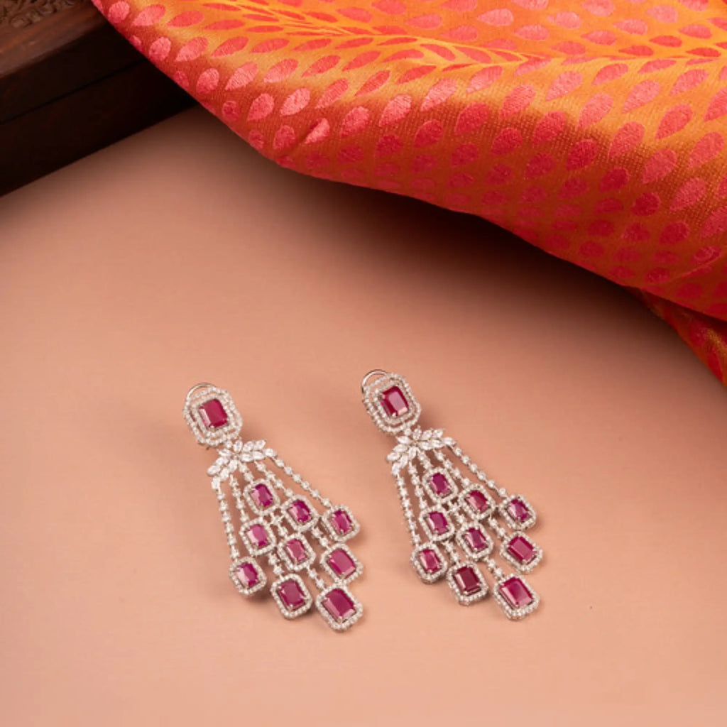 Ruby Red Stone Designer Drop Earrings with American Diamonds