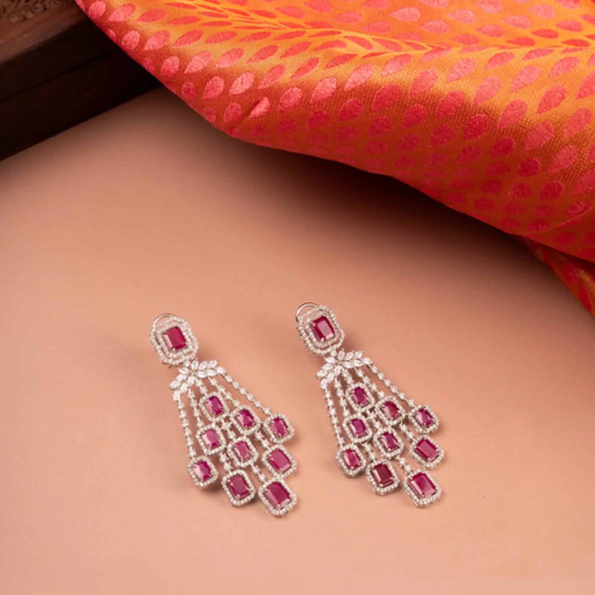 Ruby Red Stone Designer Drop Earrings with American Diamonds