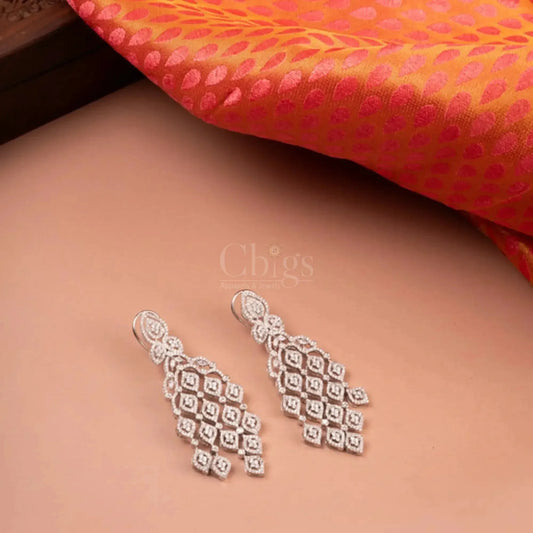Elegant Silver-Plated Diamond Drop Earrings with Leaf Design