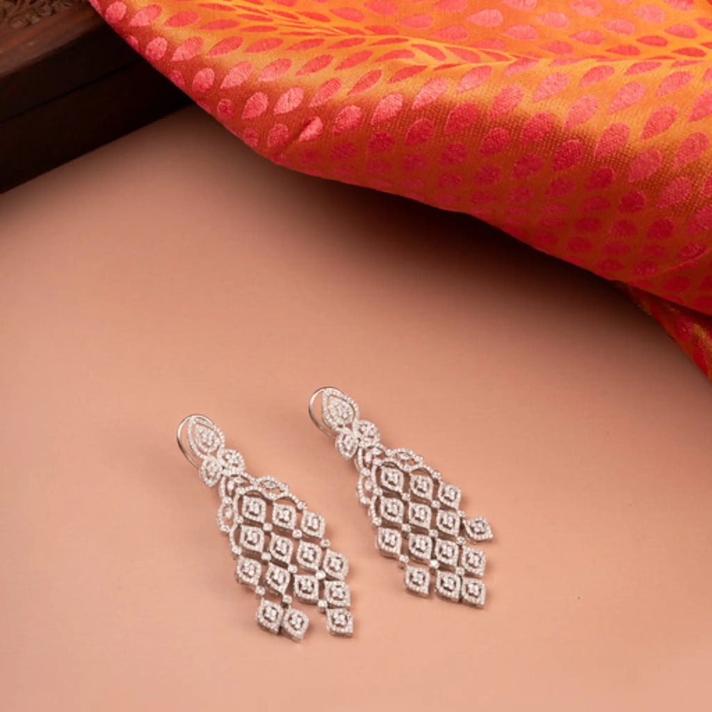 Elegant Silver-Plated Diamond Drop Earrings with Leaf Design