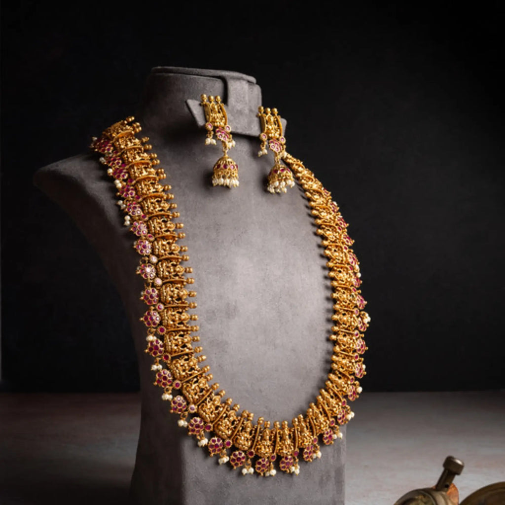 Temple-Style Gold Necklace Set with Floral and Stone Detailing