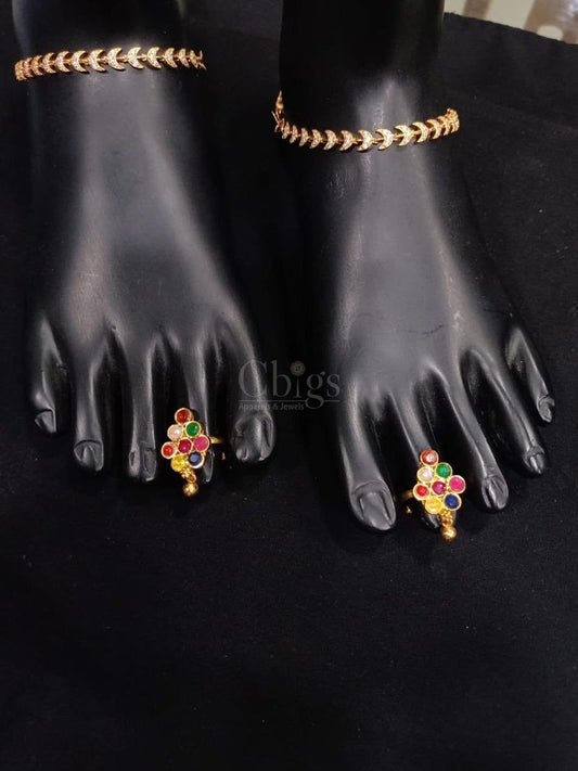 Navaratna Cluster Toe Ring - Adjutable (Single)