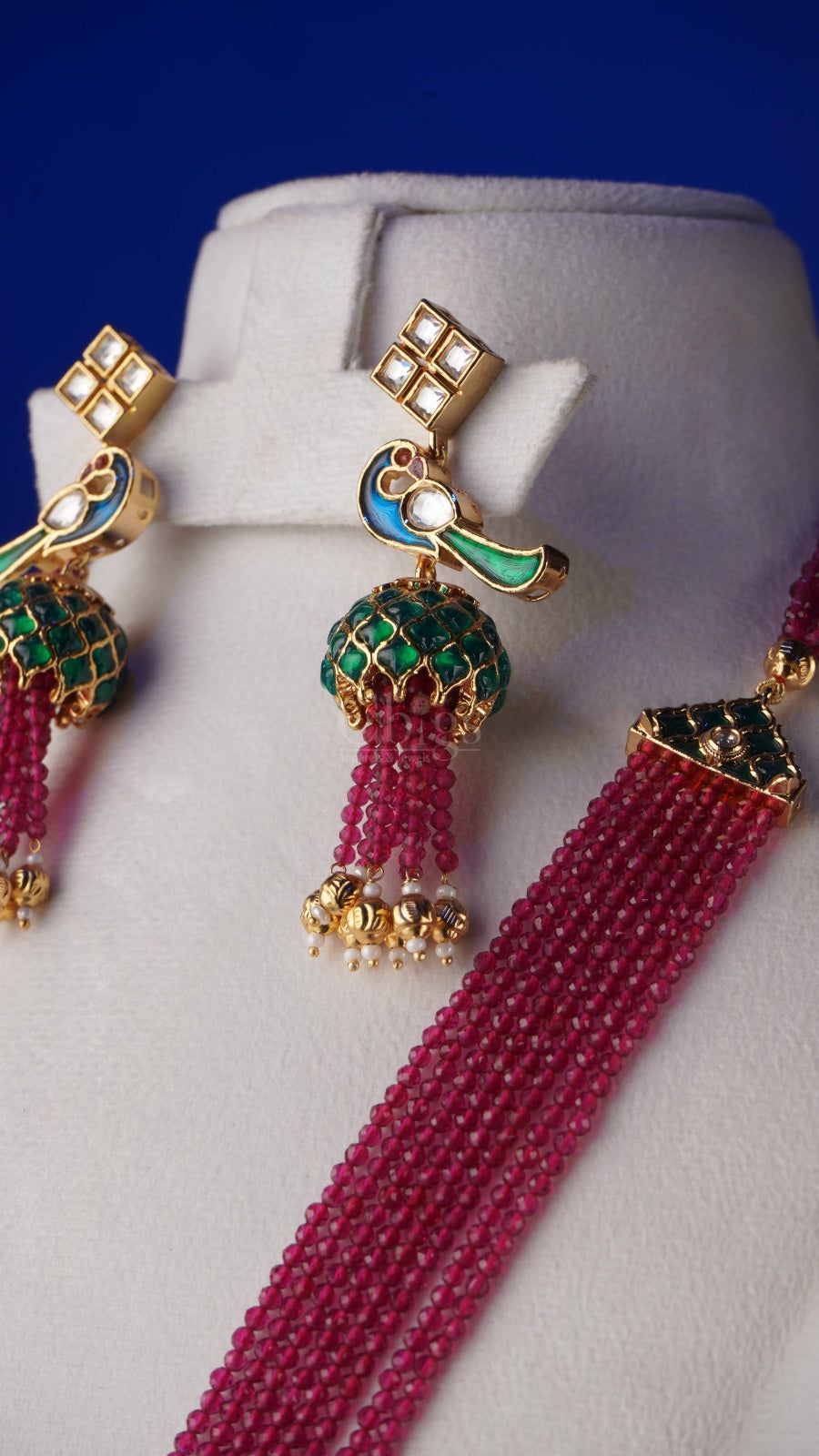 Green Onyx Bead Meenakari Peacock Long Necklace Set