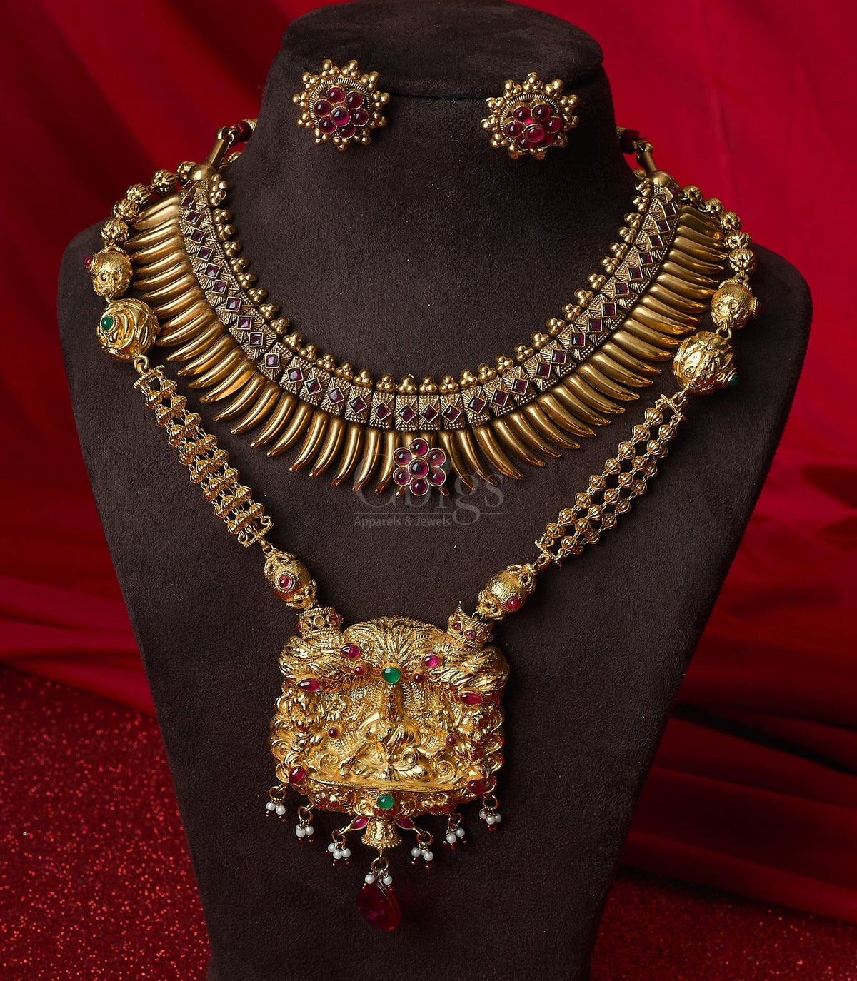 Antique Grand Temple Lakshmi Layered Necklace Set (Combo)