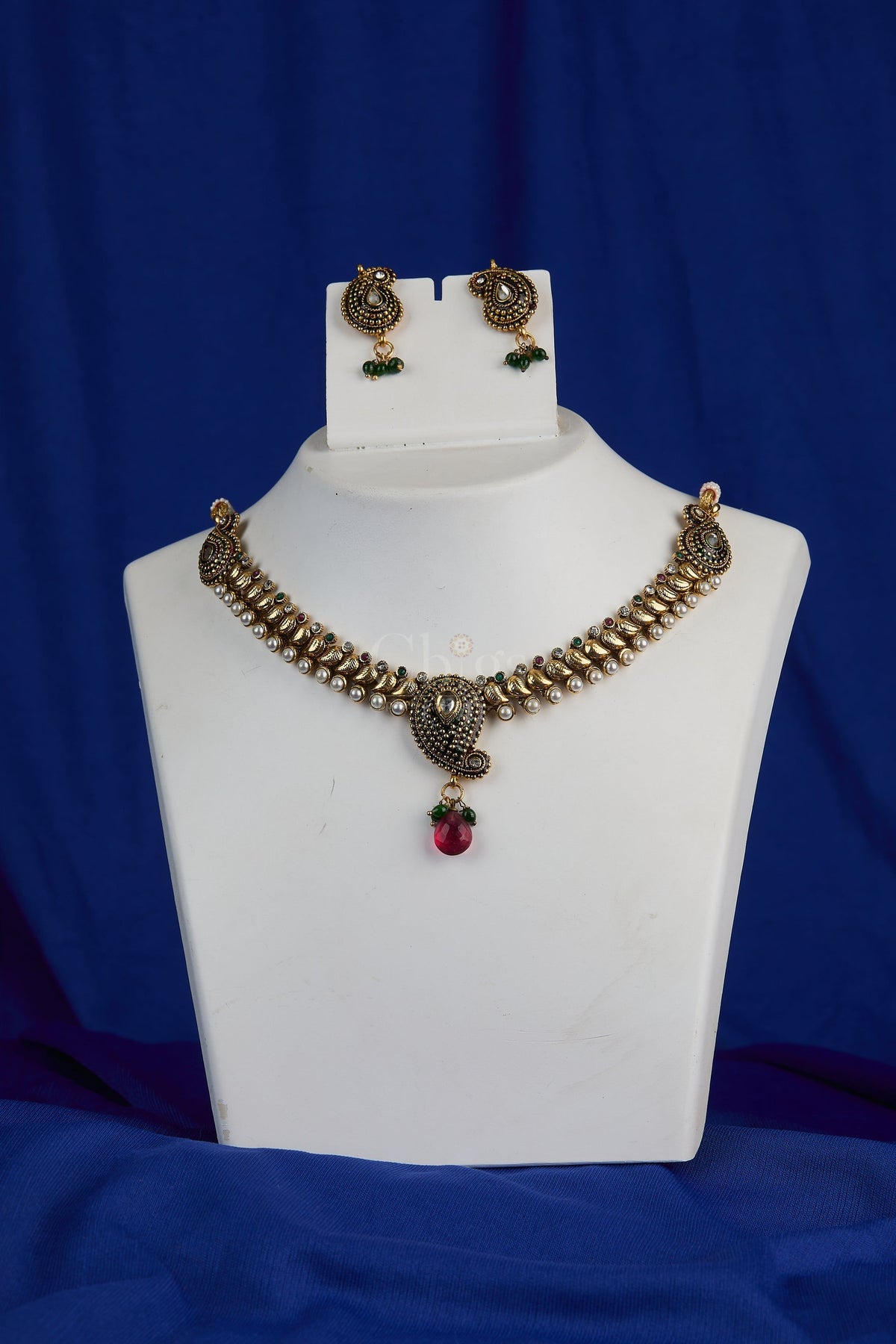 Antique Ruby Green Paisley Necklace Set