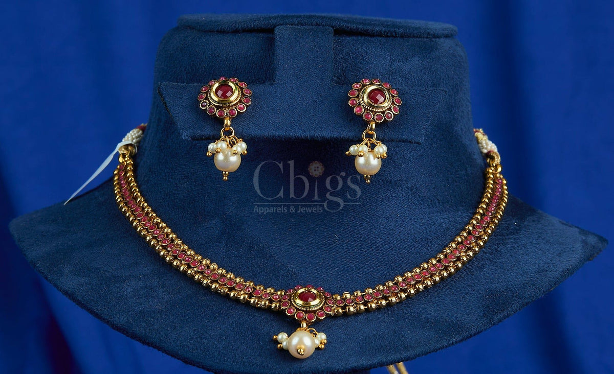 Antique Ruby Halo Pearl Necklace Set