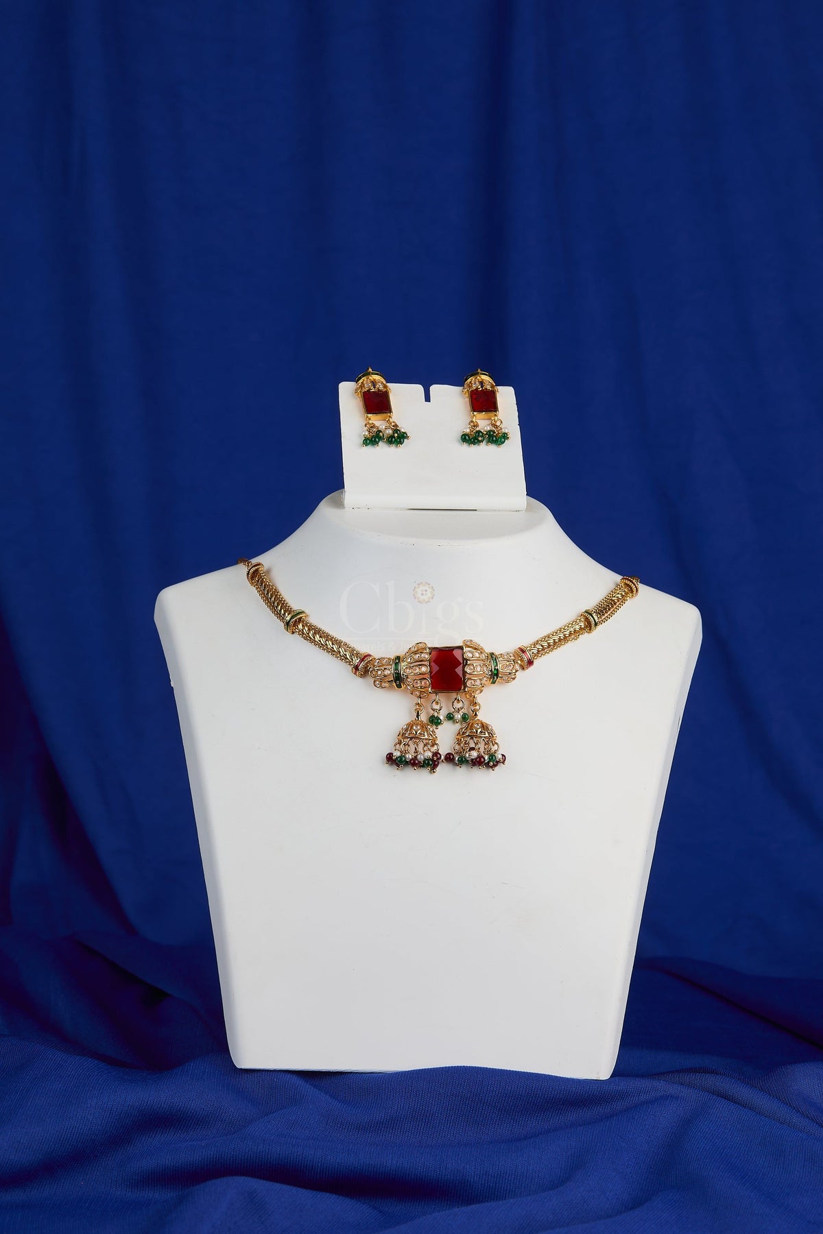 Antique Ruby Jhumka Bar Necklace Set
