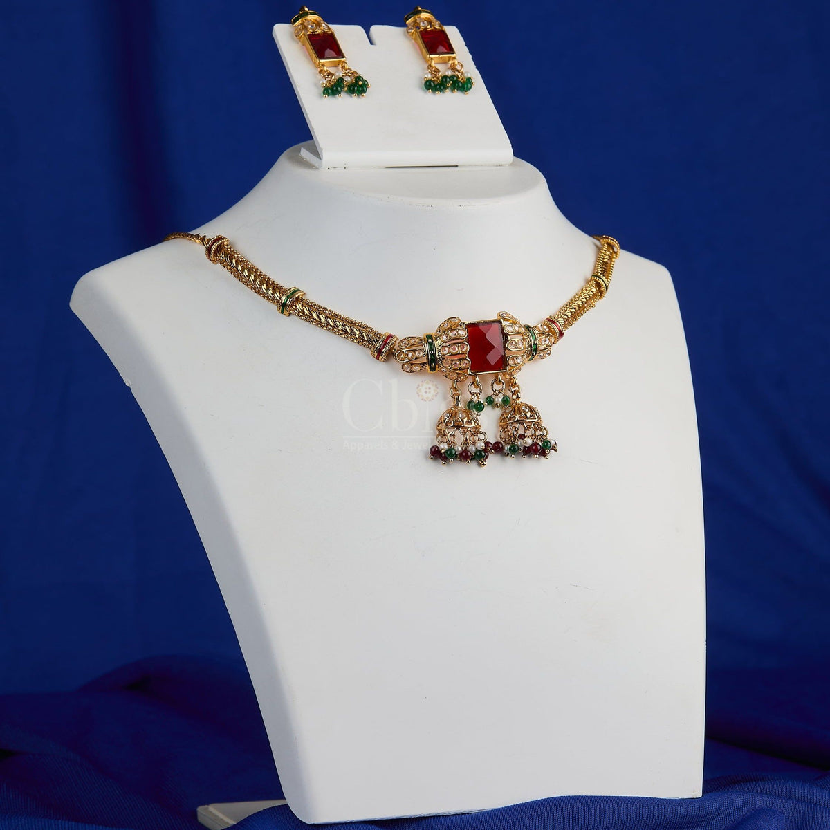 Antique Ruby Jhumka Bar Necklace Set