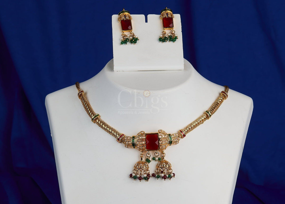 Antique Ruby Jhumka Bar Necklace Set