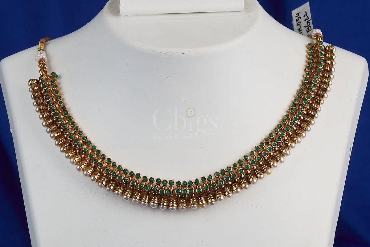 Antique Emerald Pearl Leaf Choker