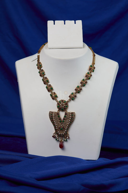 Antique Emerald Ruby Shield Pendant Necklace