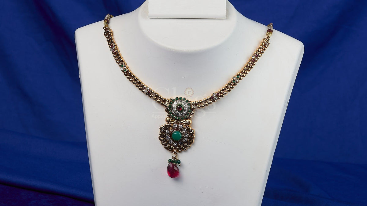 Antique Emerald Ruby Twin Medallion Necklace